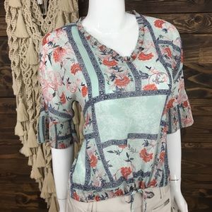 DR2 | Floral Patch Sheer Ruffle Blouse Tie Front‎ Blouse